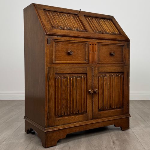 ANTIQUE 20TH CENTURY LINENFOLD BUREAU IN OAK - ADDITIONAL PHOTO 8