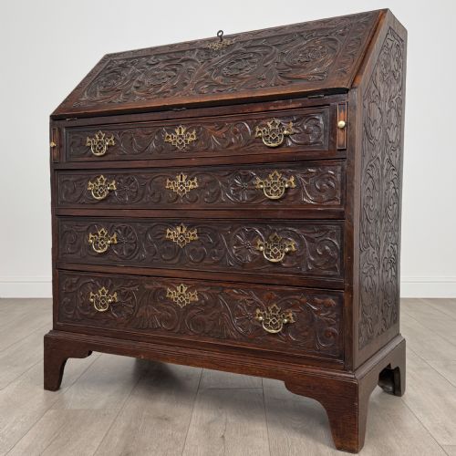 ANTIQUE 18TH CENTURY HEAVILY CARVED OAK BUREAU - ADDITIONAL PHOTO 2