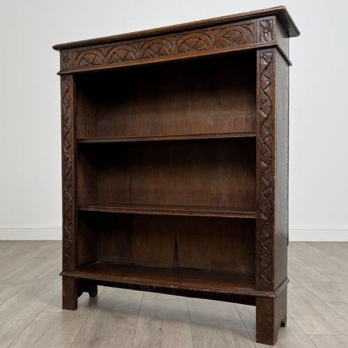 ANTIQUE 19TH CENTURY SMALL CARVED OAK BOOKCASE - ADDITIONAL PHOTO 2