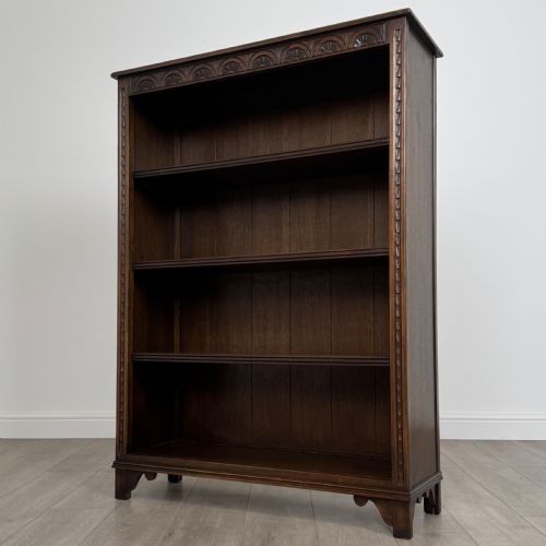 ANTIQUE 20TH CENTURY CARVED OAK OPEN BOOKCASE - ADDITIONAL PHOTO 2