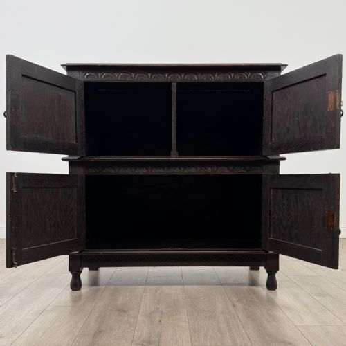 ANTIQUE 19TH CENTURY EBONSIED JACOBEAN STYLE CUPBOARD IN OAK - ADDITIONAL PHOTO 1