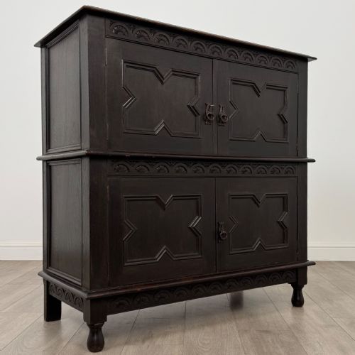 ANTIQUE 19TH CENTURY EBONSIED JACOBEAN STYLE CUPBOARD IN OAK - ADDITIONAL PHOTO 8