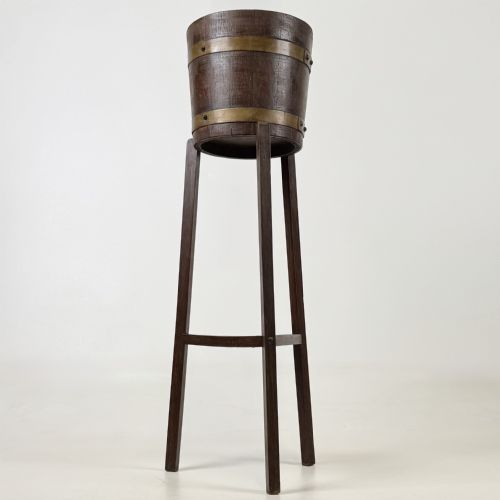ANTIQUE 20TH CENTURY BRASS BOUND BARREL PLANT STAND IN OAK - ADDITIONAL PHOTO 2