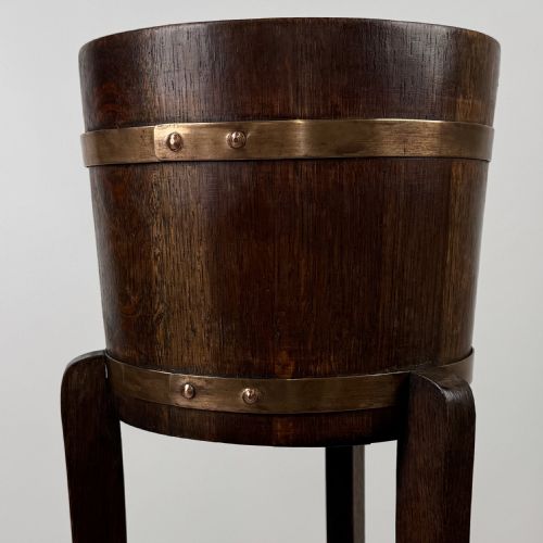 ANTIQUE 20TH CENTURY COPPER BOUND BARREL PLANT STAND IN OAK - ADDITIONAL PHOTO 1