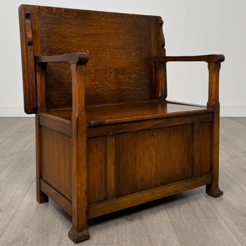 ANTIQUE 20TH CENTURY GOOD QUALITY MONKS BENCH IN OAK - ADDITIONAL PHOTO 9
