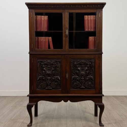 antique 19th century carved victorian display cabinet in oak - CATEGORY: ANTIQUE BOOKCASES - DATED VICTORIAN