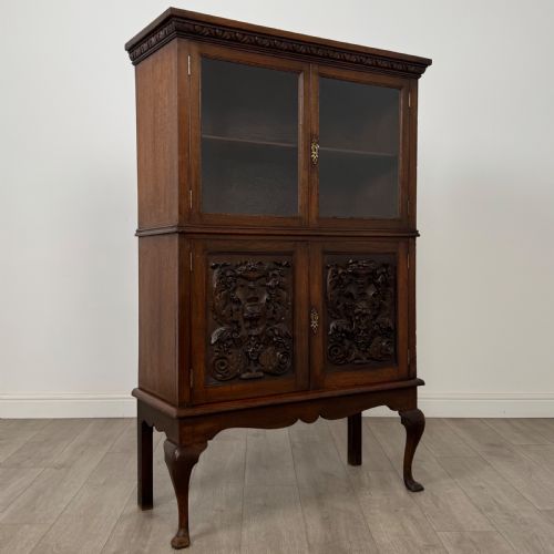 ANTIQUE 19TH CENTURY CARVED VICTORIAN DISPLAY CABINET IN OAK - ADDITIONAL PHOTO 9