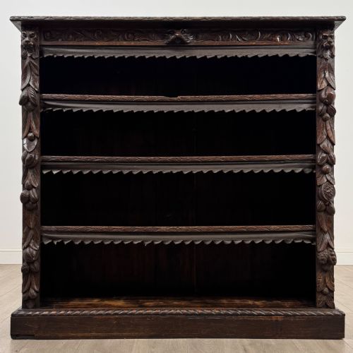 ANTIQUE 19TH CENTURY VICTORIAN CARVED OPEN BOOKCASE IN OAK - ADDITIONAL PHOTO 1