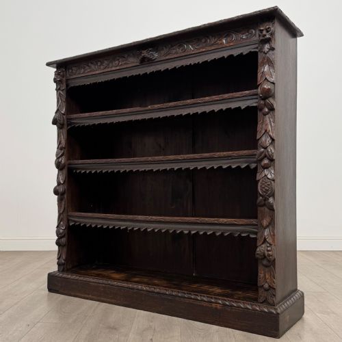 ANTIQUE 19TH CENTURY VICTORIAN CARVED OPEN BOOKCASE IN OAK - ADDITIONAL PHOTO 2