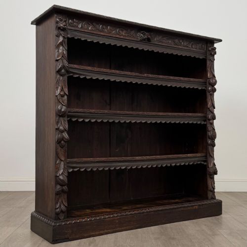 ANTIQUE 19TH CENTURY VICTORIAN CARVED OPEN BOOKCASE IN OAK - ADDITIONAL PHOTO 5