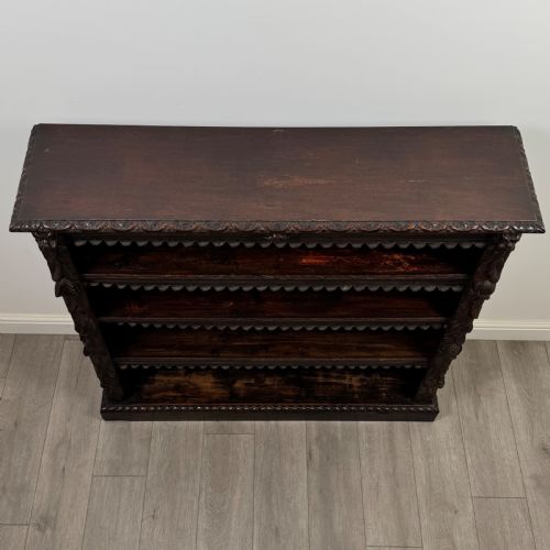 ANTIQUE 19TH CENTURY VICTORIAN CARVED OPEN BOOKCASE IN OAK - ADDITIONAL PHOTO 9