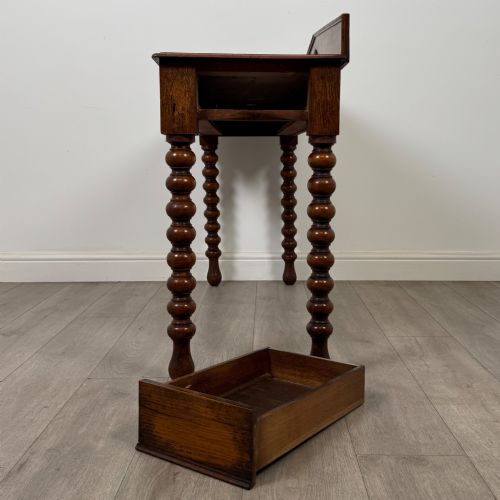 ANTIQUE 19TH CENTURY BOBBIN TURNED VICTORIAN WRITING TABLE IN OAK - ADDITIONAL PHOTO 9