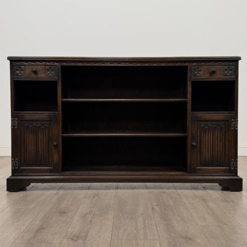 ANTIQUE 20TH CENTURY CARVED OAK LINENFOLD BOOKCASE - ADDITIONAL PHOTO 1