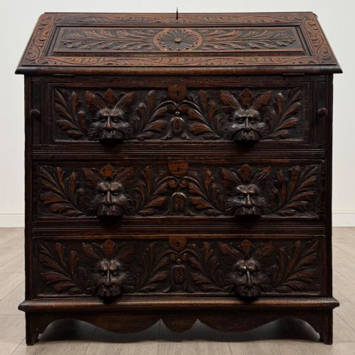 antique 19th century victorian green man bureau in oak - CATEGORY: ANTIQUE BUREAU - DATED VICTORIAN
