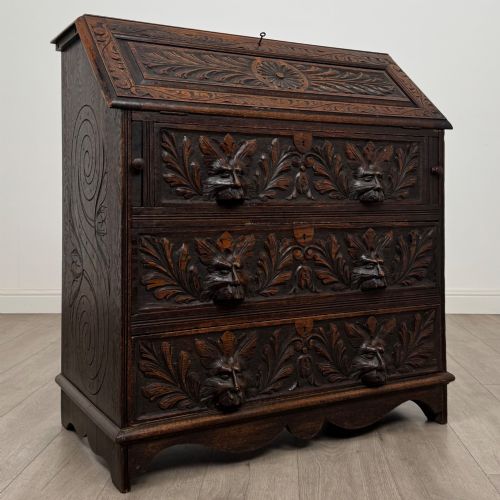 ANTIQUE 19TH CENTURY VICTORIAN GREEN MAN BUREAU IN OAK - ADDITIONAL PHOTO 8