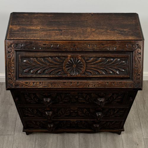 ANTIQUE 19TH CENTURY VICTORIAN GREEN MAN BUREAU IN OAK - ADDITIONAL PHOTO 9