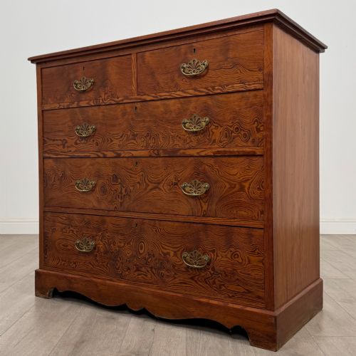 ANTIQUE 19TH CENTURY FIGURED PITCH PINE CHEST OF DRAWERS - ADDITIONAL PHOTO 1