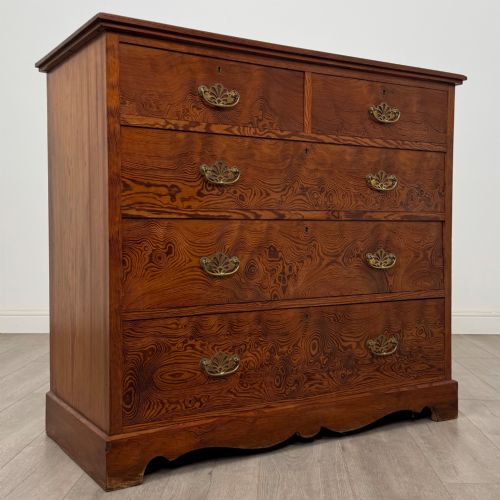 ANTIQUE 19TH CENTURY FIGURED PITCH PINE CHEST OF DRAWERS - ADDITIONAL PHOTO 7
