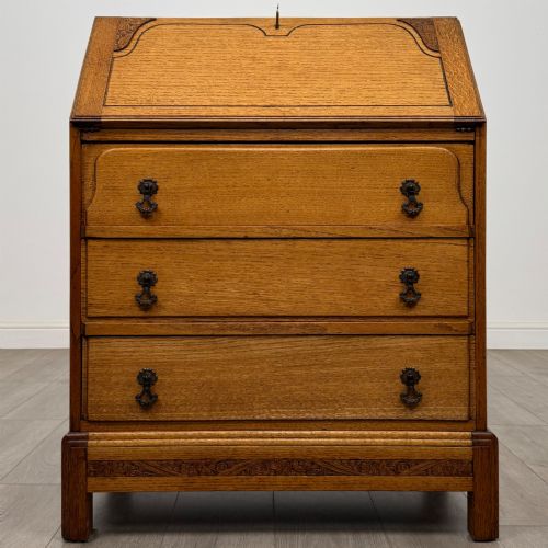antique 20th century art deco style golden oak bureau - CATEGORY: ANTIQUE BUREAU - DATED EDWARDIAN