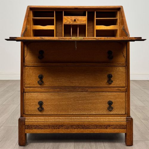ANTIQUE 20TH CENTURY ART DECO STYLE GOLDEN OAK BUREAU - ADDITIONAL PHOTO 1