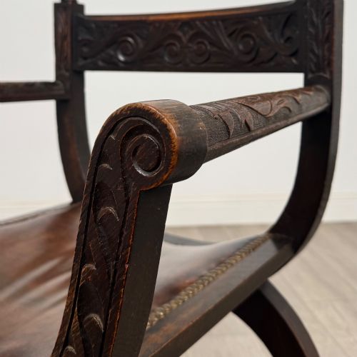 ANTIQUE 19TH CENTURY VICTORIAN SAVONAROLA CHAIR IN OAK - ADDITIONAL PHOTO 9
