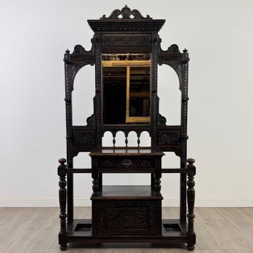 ANTIQUE 19TH CENTURY IMPRESSIVE VICTORIAN HALL STAND IN OAK