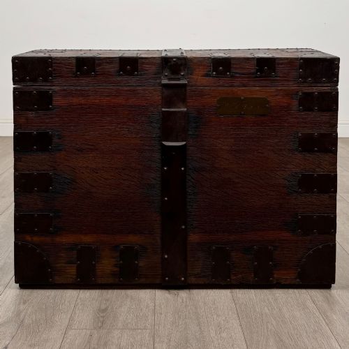ANTIQUE 19TH CENTURY IRON BOUND VICTORIAN SILVER CHEST IN OAK