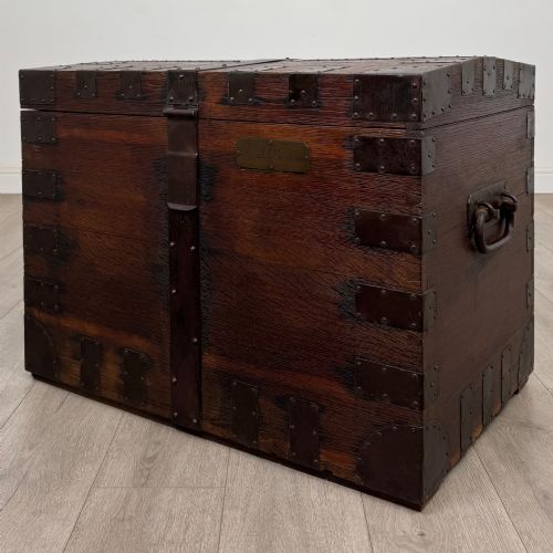 ANTIQUE 19TH CENTURY IRON BOUND VICTORIAN SILVER CHEST IN OAK - ADDITIONAL PHOTO 1