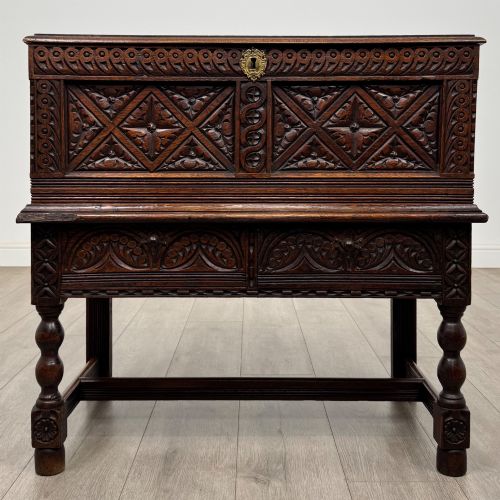 ANTIQUE 19TH CENTURY CARVED VICTORIAN CHEST ON STAND IN OAK