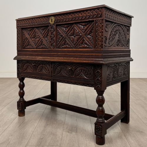 ANTIQUE 19TH CENTURY CARVED VICTORIAN CHEST ON STAND IN OAK - ADDITIONAL PHOTO 1