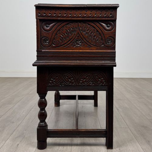 ANTIQUE 19TH CENTURY CARVED VICTORIAN CHEST ON STAND IN OAK - ADDITIONAL PHOTO 2