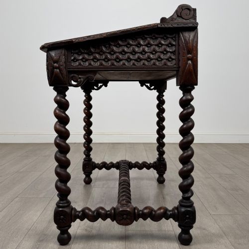ANTIQUE 19TH CENTURY VICTORIAN CARVED OAK WRITING TABLE - ADDITIONAL PHOTO 2