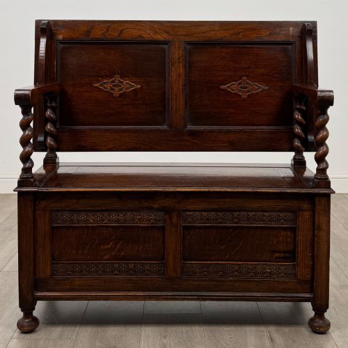 antique 20th century edwardian monks bench in oak - CATEGORY: ANTIQUE FURNITURE - DATED EDWARDIAN