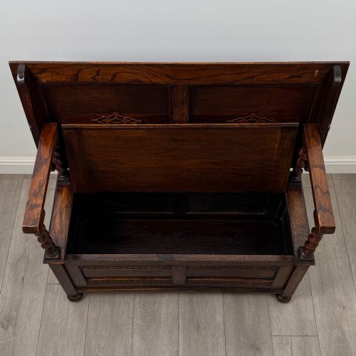 ANTIQUE 20TH CENTURY EDWARDIAN MONKS BENCH IN OAK - ADDITIONAL PHOTO 10