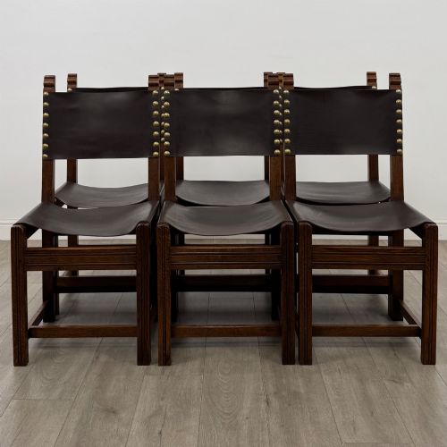 ANTIQUE 20TH CENTURY SET OF 6 LEATHER DINING CHAIRS IN OAK