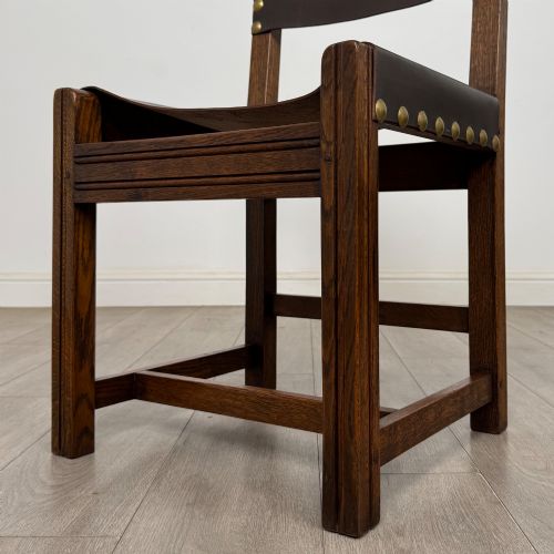 ANTIQUE 20TH CENTURY SET OF 6 LEATHER DINING CHAIRS IN OAK - ADDITIONAL PHOTO 4