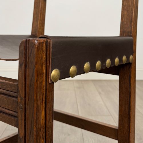 ANTIQUE 20TH CENTURY SET OF 6 LEATHER DINING CHAIRS IN OAK - ADDITIONAL PHOTO 5
