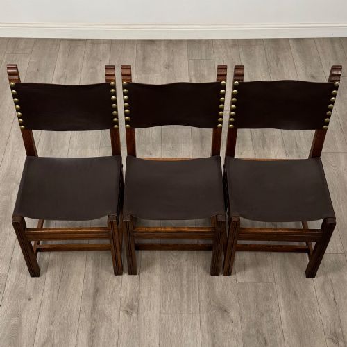 ANTIQUE 20TH CENTURY SET OF 6 LEATHER DINING CHAIRS IN OAK - ADDITIONAL PHOTO 7