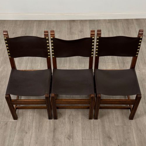 ANTIQUE 20TH CENTURY SET OF 6 LEATHER DINING CHAIRS IN OAK - ADDITIONAL PHOTO 8