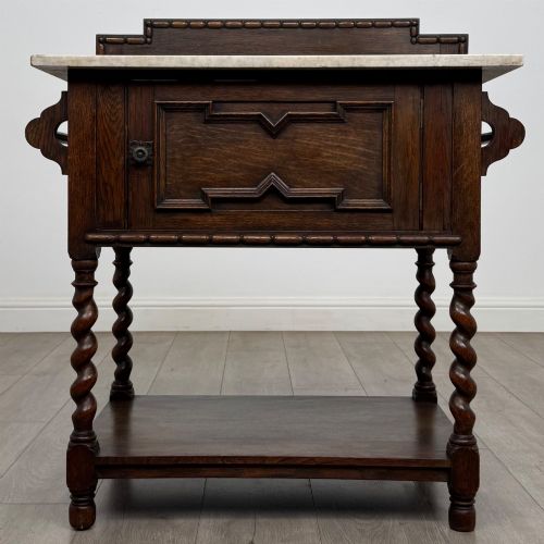 antique 20th century edwardian marble top washstand in oak - CATEGORY: ANTIQUE FURNITURE - DATED EDWARDIAN