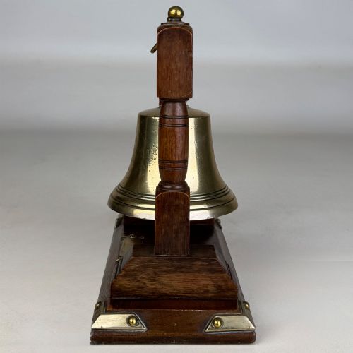 ANTIQUE 20TH CENTURY BRASS EDWARDIAN BELL WITH OAK STAND - ADDITIONAL PHOTO 2