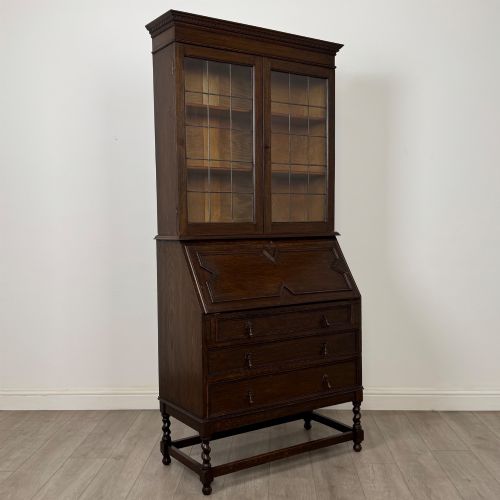 ANTIQUE 20TH CENTURY JACOBEAN STYLE BUREAU BOOKCASE IN OAK - ADDITIONAL PHOTO 9