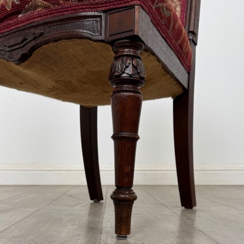 fig 5. A set of six antique 19th-century Victorian oak dining chairs featuring carved crest rails and red patterned fabric upholstery.