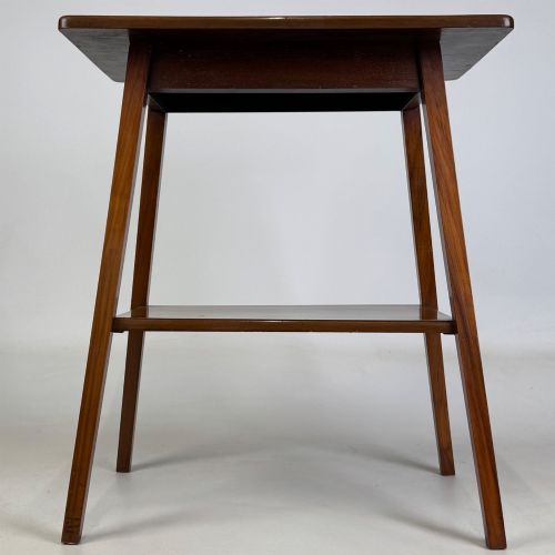 fig 4. An Edwardian walnut side table featuring square apron framing, four splayed tapered legs, and an integrated lower undertier shelf.