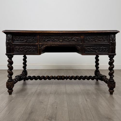 Antique 19th Century Carved Oak Victorian Writing Table