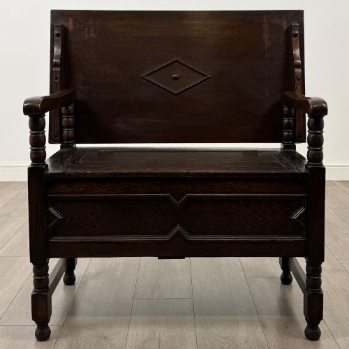 Antique 20th Century Jacobean Style Monks Bench in Oak