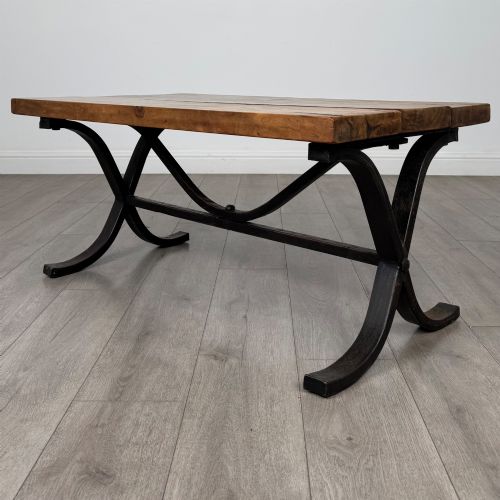 Vintage 20th Century Hardwood Coffee Table with Iron Base