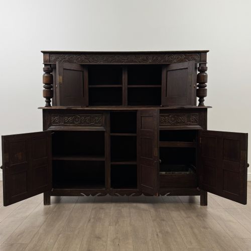 fig 1. Antique 19th Century Large Oak Court Cupboard By Maple & Co