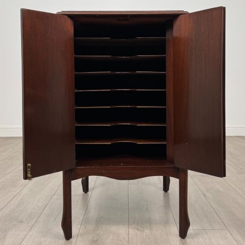 fig 1. An antique Edwardian mahogany cabinet with double panelled doors, brass knobs, and elevated curved legs.