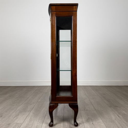 fig 2. An antique mahogany display cabinet featuring a single door with geometric astragal glazing bars, glass shelves, and cabriole legs.